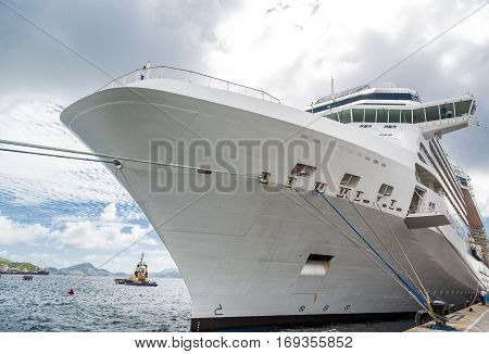 Hull of Cruise Ship with Ropes docked in St Kitts