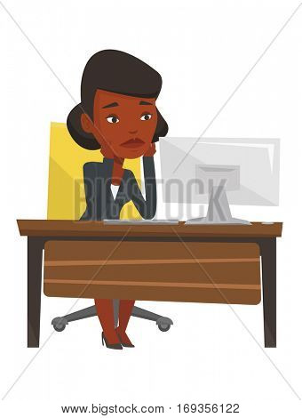 African-american exhausted employee sitting at workplace in front of computer. Overworked tired employee working with head propped on hand. Vector flat design illustration isolated on white background