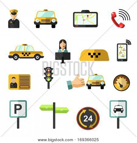 Taxi service icons set. Symbols of passenger public transportation and transport: cab and map, yellow car and driver, route, dispatcher and traffic light. Vector flat design isolated elements