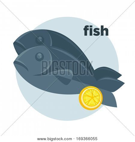 Illustration of fish with lemon in cartoon style. Dorado on dish - fresh seafood dinner in restaurant for gourmet. Vector icon of healthy food of sea. Design element isolated on white background.