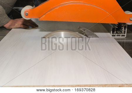 Men at work sawing wood. Circular saw. A machine which saws wood particle Board and fiberboard. Industrial production of furniture.