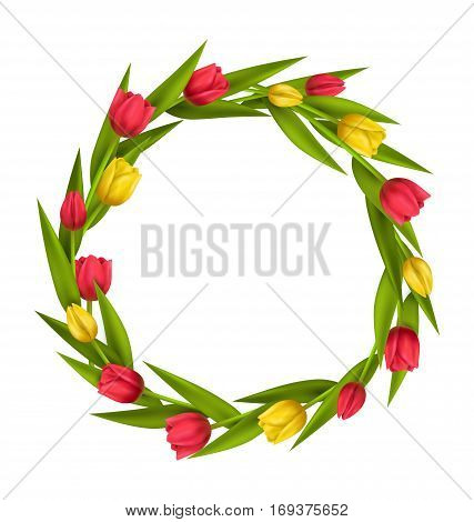 Circle frame with tulips red and yellow flowers isolated on white background