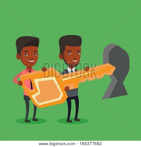 An african-american businessmen standing in front of a keyhole with a big key. Business team holding the key to success. Two businessmen carrying key. Vector flat design illustration. Square layout.