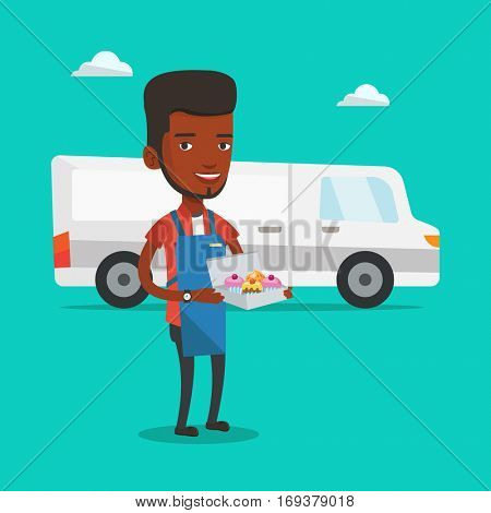 An african-american delivery man holding a box of cakes. Baker delivering cakes. Young man with cupcakes standing on the background of delivery truck. Vector flat design illustration. Square layout.
