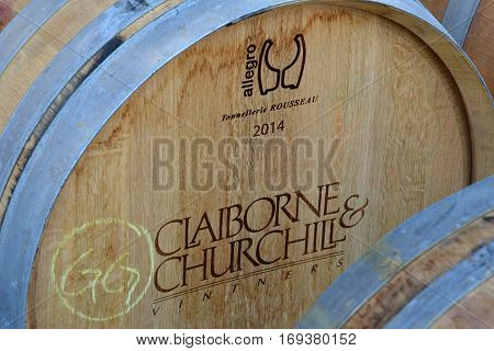 San Luis Obispo USA - july 15 2016 : barrel in the cellar of the Claiborne and Churchhill winery