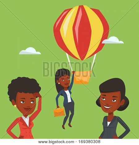 Two african-american employees looking at their successful colleague. Hardworking employee flying away in balloon from her less successful colleagues. Vector flat design illustration. Square layout.