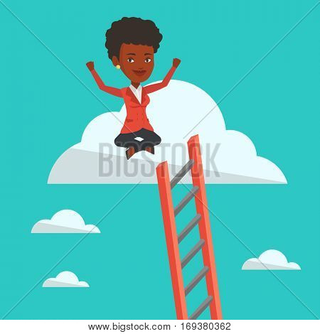 African-american business woman sitting on a cloud with ledder. Successful business woman relaxing on a cloud. Businesswoman with rised hands on cloud. Vector flat design illustration. Square layout.