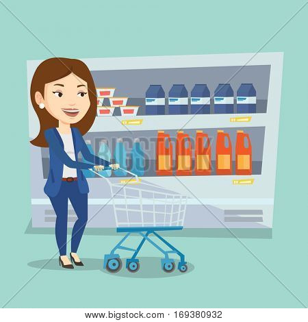 Caucasian woman walking with cart on aisle at supermarket. Young woman pushing an empty supermarket cart. Customer shopping at supermarket with cart. Vector flat design illustration. Square layout.