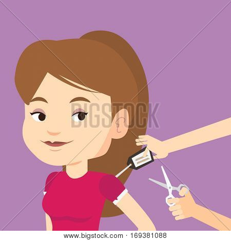 Woman removing price tag off new t-shirt. Young caucasian woman cutting price tag off new clothes with scissors. Happy woman shopping at clothes store. Vector flat design illustration. Square layout.