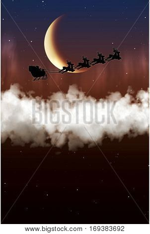 Santa Claus is flying on a background of the moon at night Christmas reindeer, delivering gifts.