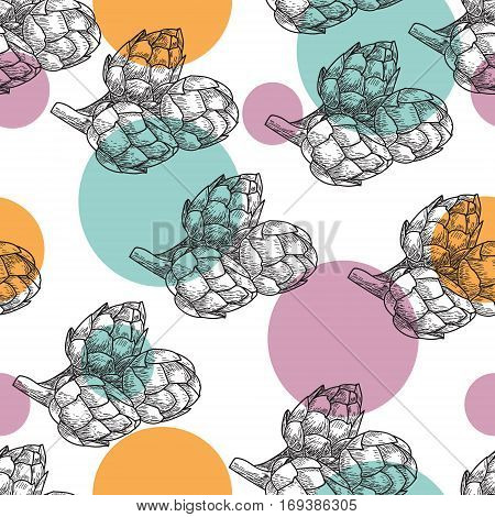 Artichoke Seamless nature seamless vector pattern, hand drawn sketch etch engraving vector illustration. Fresh organic food. Vegetables vintage artichoke pattern.