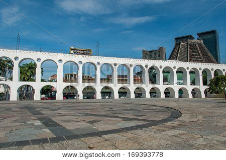 Lapa Arch and Famous Santa Teresa Tram Passing on the Top, Rio de Janeiro, Brazil