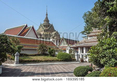 Thailand Bangkok. Temple of the Reclining Buddha (Wat Pho). View of the Temple Library (Phra Mondop) and its surrounding buildings.