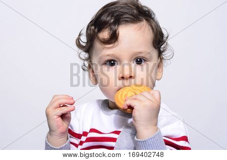 Portrait of a cute baby eating a biscuit. One year old kid eating biscuits by himself. Adorable curly hair boy being hungry.