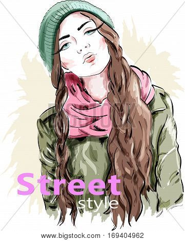 Fashion girl wearing modern knit cap and jacket. Street style clothes. Sketch woman.
