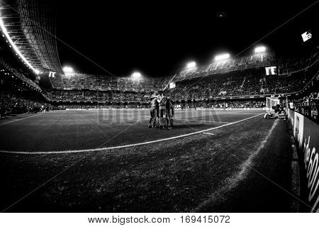 VALENCIA, SPAIN - JANUARY 3: Celta players celebrating a goal during King Cup soccer match between Valencia CF and Celta de Vigo at Mestalla Stadium on January 3, 2017 in Valencia, Spain