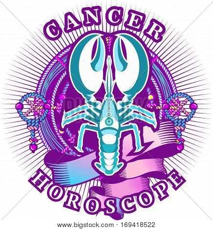Vector illustration of magic horoscope sign Cancer style of the 60s bright hippie art isolated on white background