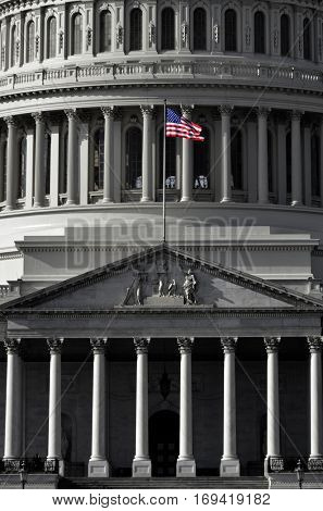 United States Capitol Building in Whashington DC with Flag