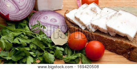 Lard on bread tomatoes onions and fresh herbs on the table