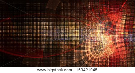 Abstract background element. Chaotic distortion of regular grid pattern. Wide format. Technology glitch concept. Red and yellow colors.