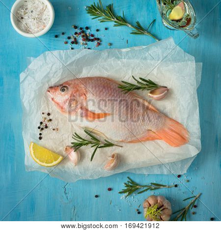 Fresh raw fish tilapia. Nile tiapia Oreochromis niloticus. Top view. Food cooking background.
