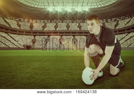 Rugby player ready to make a drop kick against rugby stadium with copy space 3d