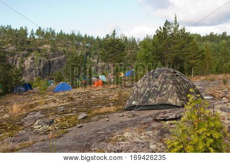 a tent city on the island Putsaari. Russia Karelia Ladoga