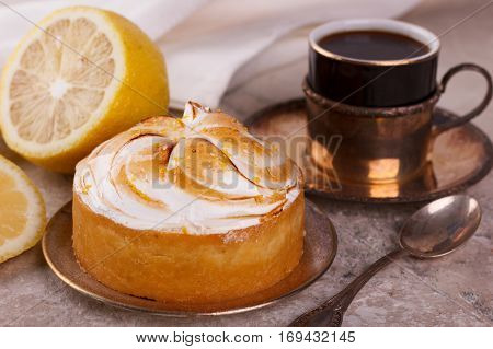 Lemon Tart Pie With Cup Of Coffee