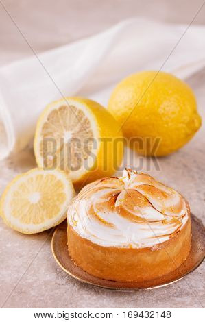 Lemon tart pie. Selective focus on first plan