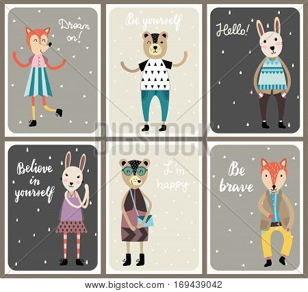 Cards with cute fashion animals set. Scandinavian style hand drawn vector illustration.