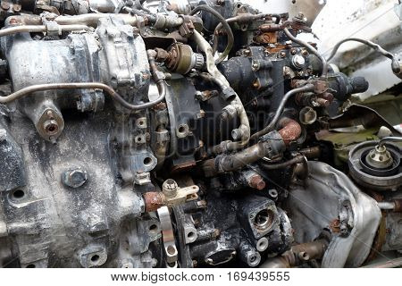 TURANJ, CROATIA - JUNE 11: Museum of the Croatian War of Independence, 1991 - 1995, (Homeland War, Domovinski Rat), wreckage engine of fighter Combat aircraft MIG 21, Turanj, Croatia on June 11, 2016