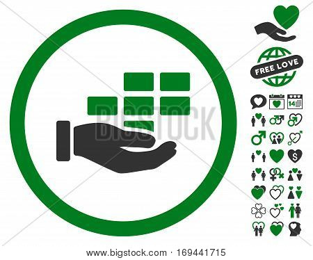 Service Schedule pictograph with bonus decoration images. Vector illustration style is flat rounded iconic green and gray symbols on white background.