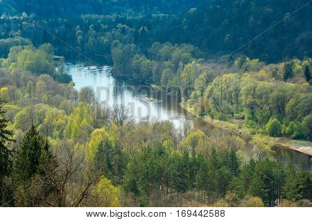 Areal view on Gauja river valley on beautiful spring day, Sigulda, Latvia
