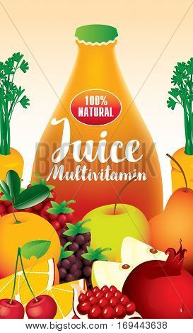 vector label packaging with different fruits and berries and fresh juices multivitamin inscription