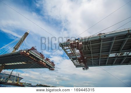 The completion of the bridge across the river. Cable. bottom view