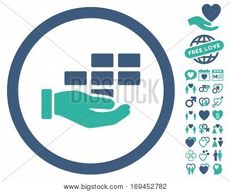 Service Schedule icon with bonus valentine pictures. Vector illustration style is flat rounded iconic cobalt and cyan symbols on white background.