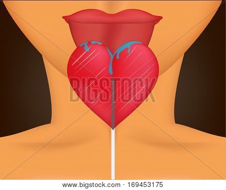 Somebody licks a lollipop that looks like a heart