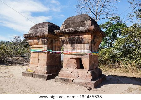 Twin Stupas at Khao Phra Wihan National Park Thailand - Part of Khmer Empire in 11th century