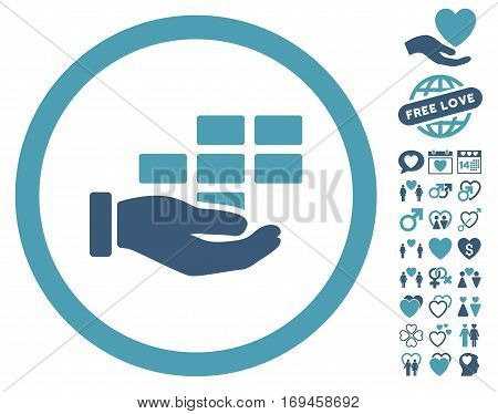 Service Schedule icon with bonus dating images. Vector illustration style is flat rounded iconic cyan and blue symbols on white background.