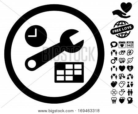 Date And Time Setup pictograph with bonus romantic clip art. Vector illustration style is flat rounded iconic black symbols on white background.