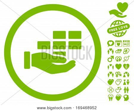 Service Schedule icon with bonus valentine clip art. Vector illustration style is flat rounded iconic eco green symbols on white background.