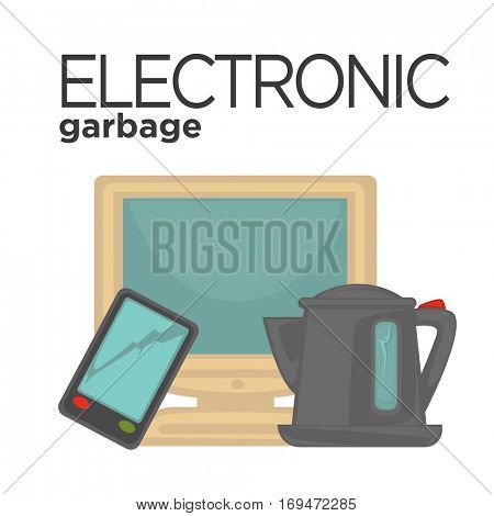 Vector symbol of electronic garbage or recycle sign. Trash icon: monitor, mobile and kettle. Illustration of e-waste categories, garbage recycling. Cartoon design element for pollution and ecology.