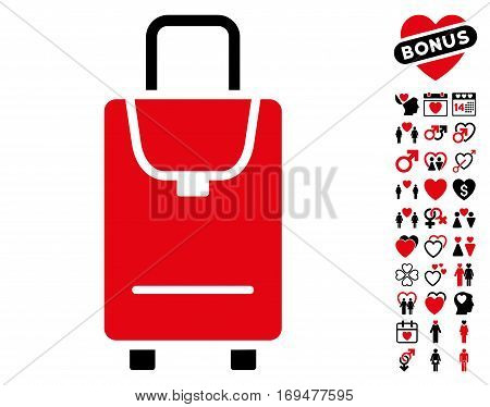 Carryon pictograph with bonus valentine graphic icons. Vector illustration style is flat iconic intensive red and black symbols on white background.