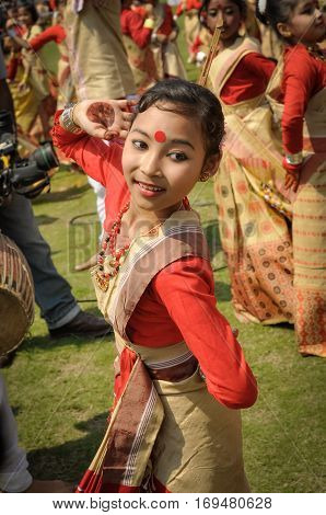 Dancing Girl In Sari In Assam