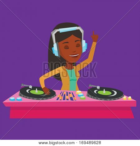 An african-american DJ in headphones at the party in night club. Young female DJ mixing music on turntables. Happy DJ playing and mixing music on deck. Vector flat design illustration. Square layout.