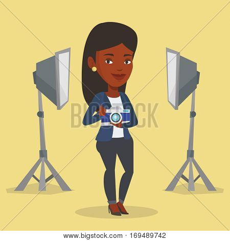 African-american photographer holding a camera in photo studio. Photographer using professional camera in the studio. Young photographer taking a photo. Vector flat design illustration. Square layout.