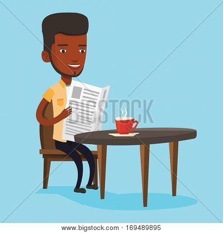 An african-american man reading newspaper in a cafe. Young man reading the news in newspaper. Man sitting with newspaper in hands and drinking coffee. Vector flat design illustration. Square layout.