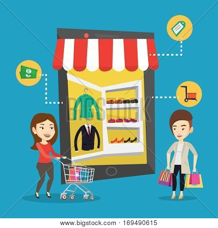 Young caucasian two women doing online shopping. Smiling women using mobile shopping. Happy people walking in store that looks like tablet computer. Vector flat design illustration. Square layout.