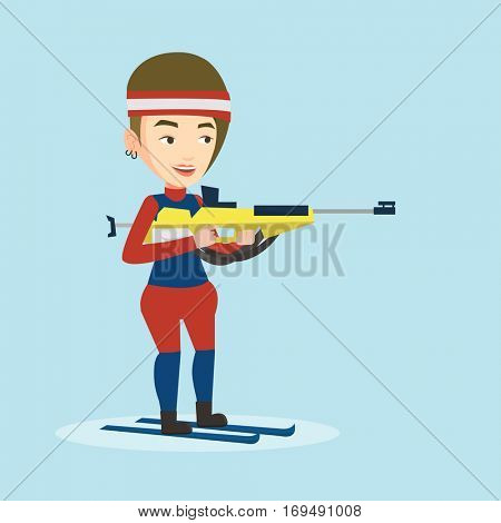 Young caucasian sportswoman taking part in ski biathlon competition. Happy biathlon runner aiming at the target. Female biathlon shooter with a weapon. Vector flat design illustration. Square layout.