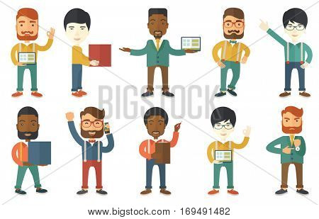 Businessman pointing at charts on tablet computer during business presentation. Businessman using tablet computer on business presentation. Set of vector illustrations isolated on white background.